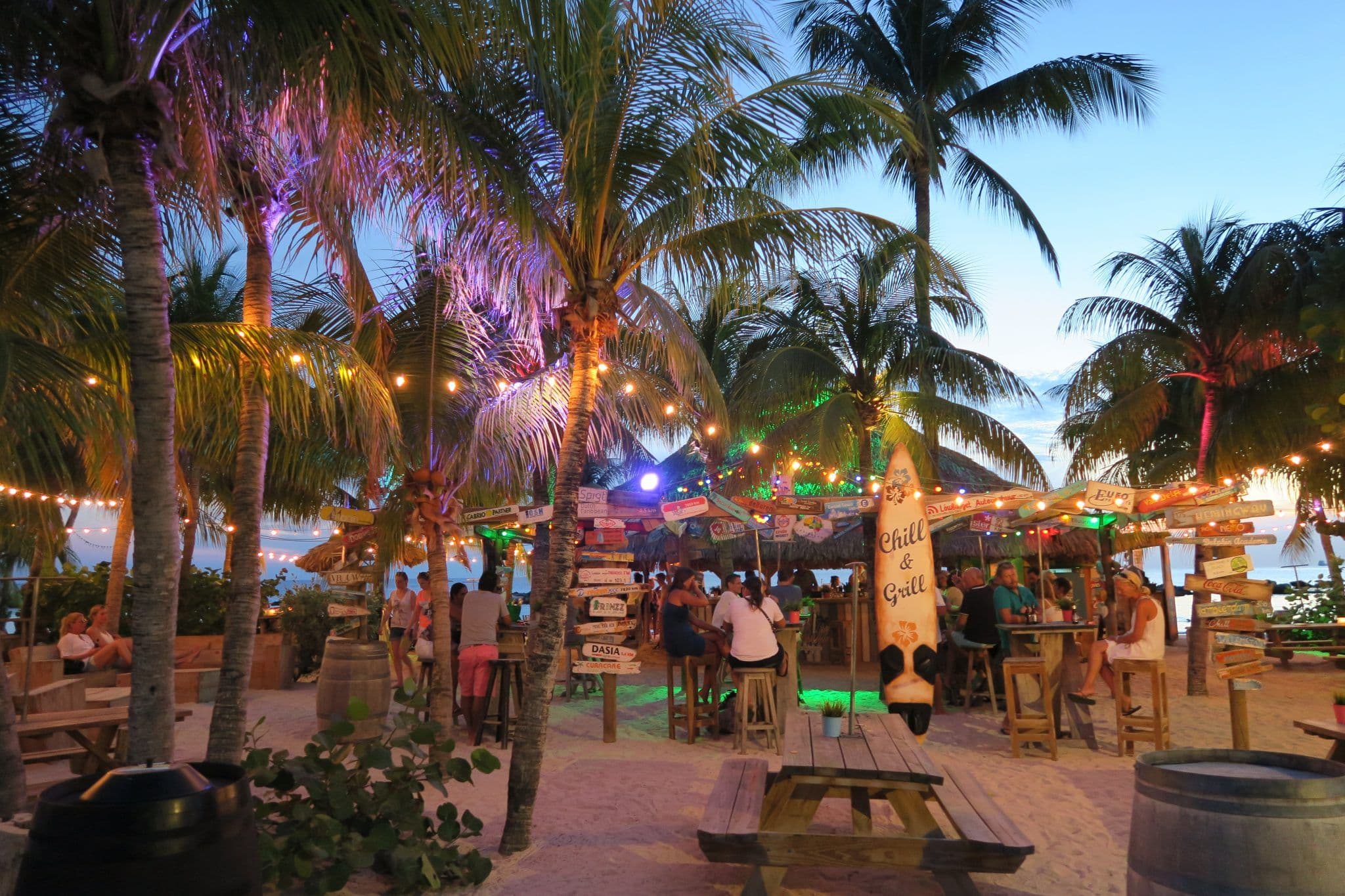 Tropical beach club with palm trees and turquoise water on Curaçao