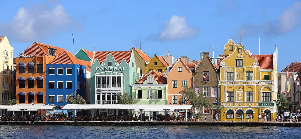 Colorful Handelskade waterfront terraces and restaurants in Willemstad, Curaçao