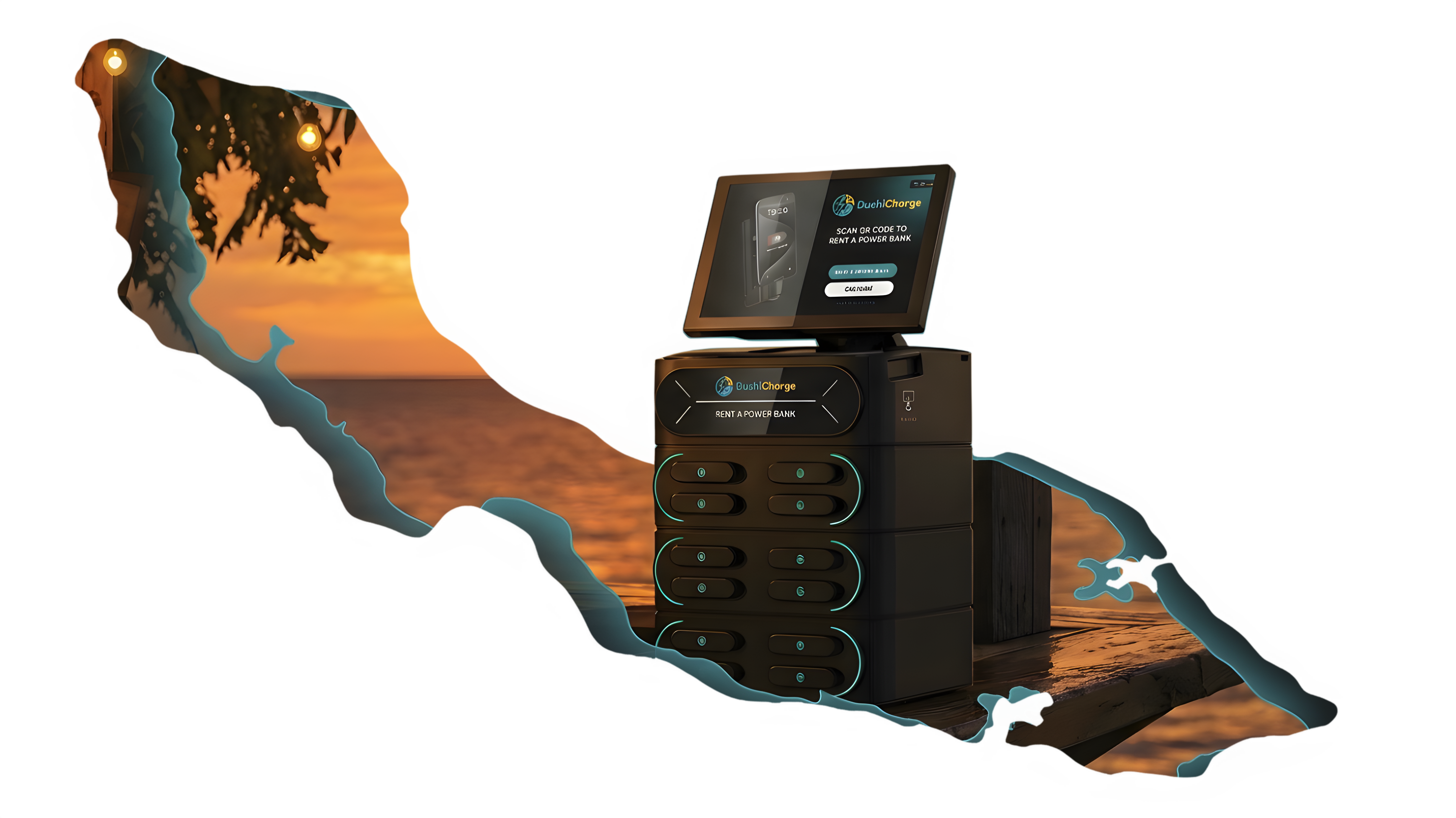 DushiCharge powerbank rental station at a Curaçao beach bar at sunset