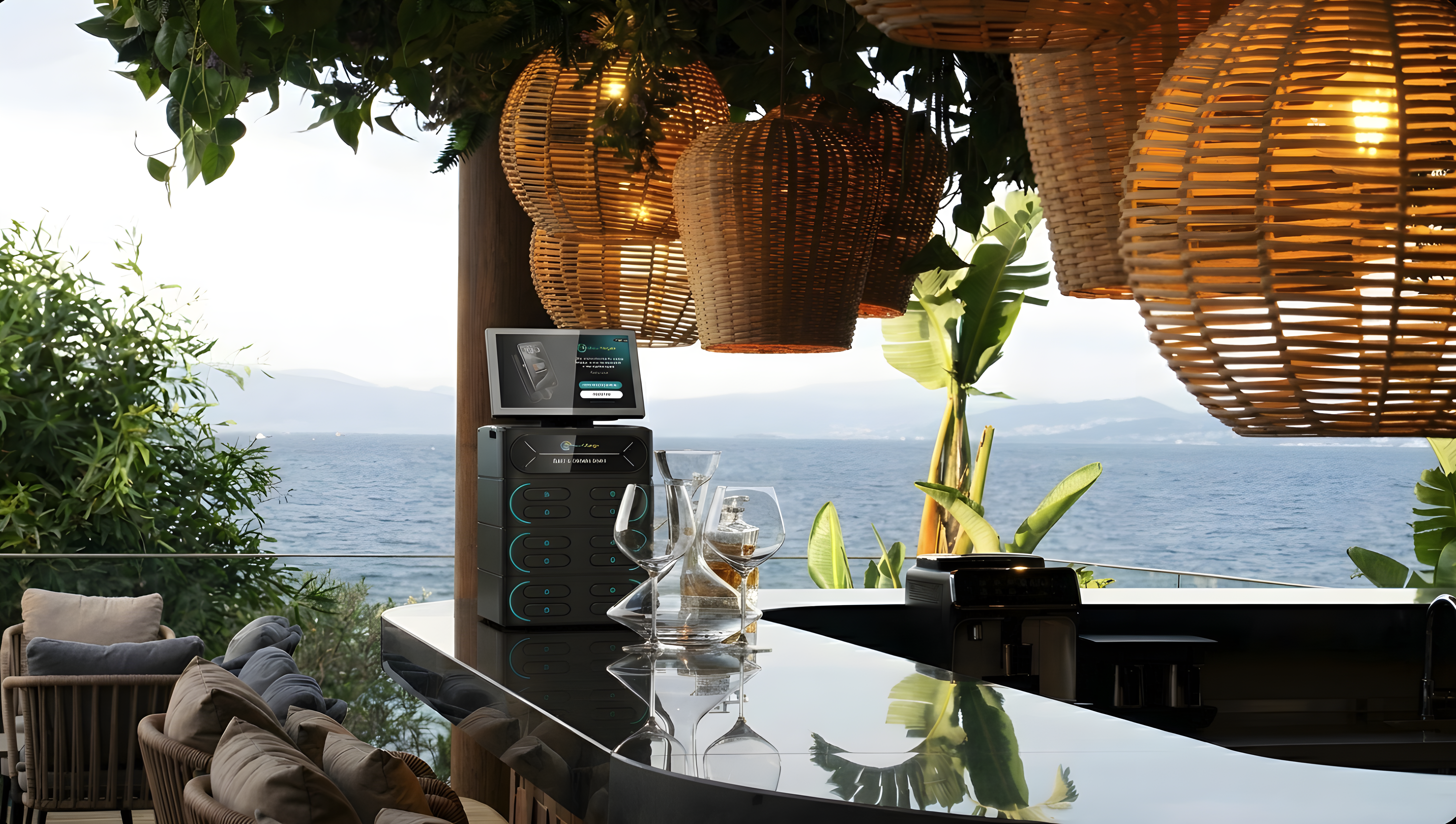 DushiCharge powerbank station on a terrace bar overlooking the sea at a Curaçao hospitality venue